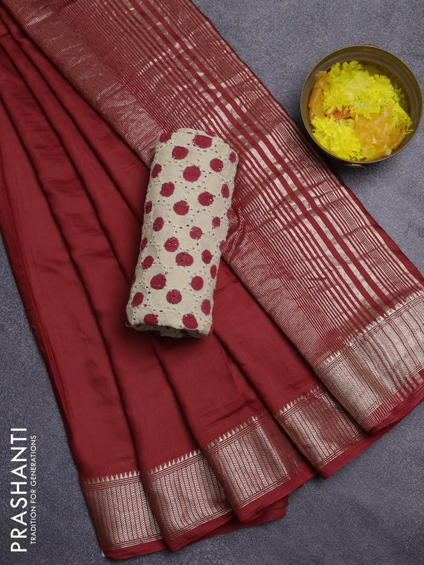 Semi chanderi saree maroon and beige with plain body and zari woven border