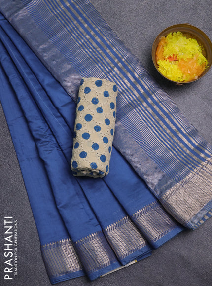 Semi chanderi saree blue and beige with plain body and zari woven border