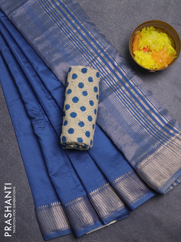Semi chanderi saree blue and beige with plain body and zari woven border