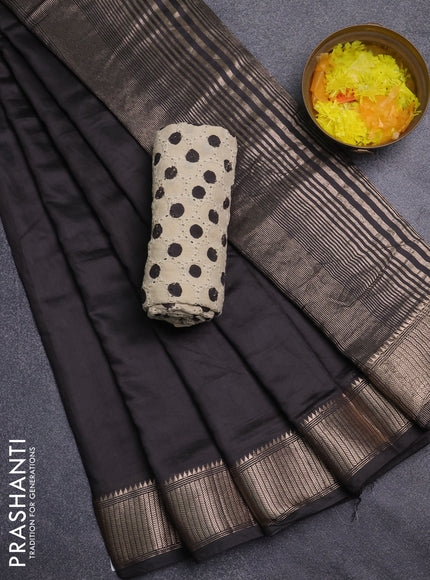 Semi chanderi saree black and beige with plain body and zari woven border