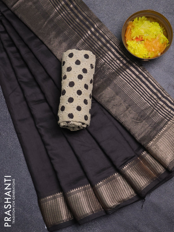 Semi chanderi saree black and beige with plain body and zari woven border