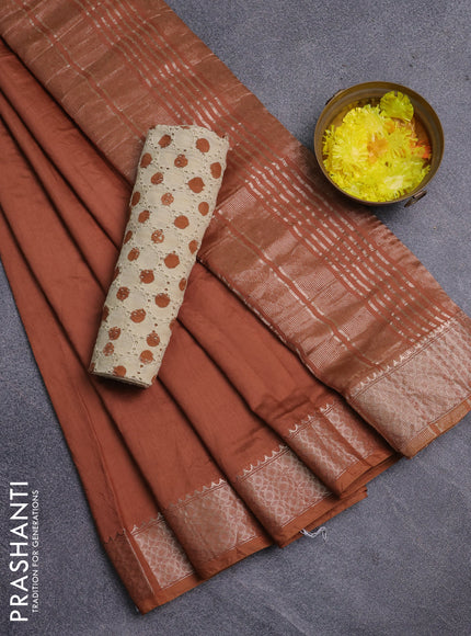Semi chanderi saree rust shade and beige with plain body and zari woven border