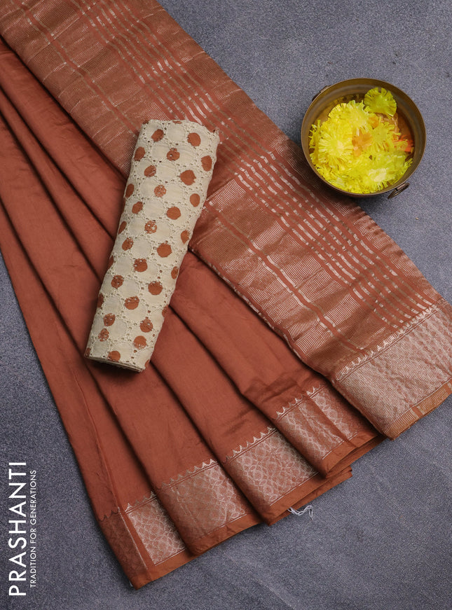 Semi chanderi saree rust shade and beige with plain body and zari woven border