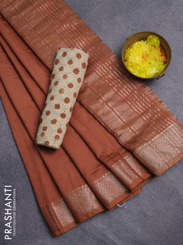 Semi chanderi saree rust shade and beige with plain body and zari woven border