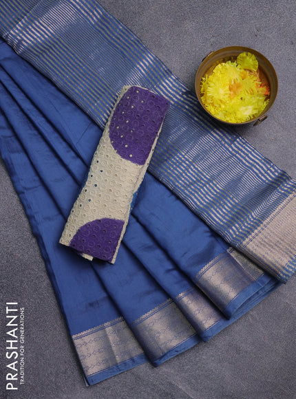Semi chanderi saree blue and beige with plain body and zari woven border