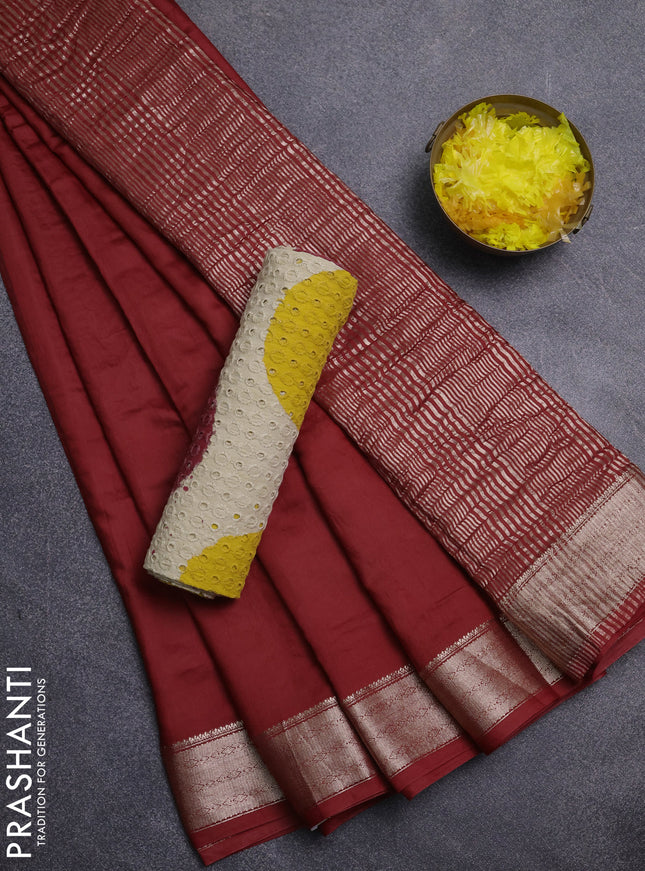 Semi chanderi saree maroon and beige with plain body and zari woven border