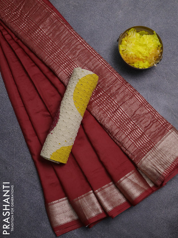Semi chanderi saree maroon and beige with plain body and zari woven border
