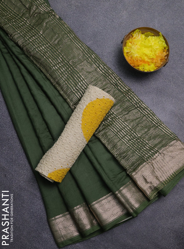 Semi chanderi saree sap green and beige with plain body and zari woven border