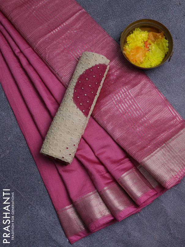 Semi chanderi saree mauve pink and beige with plain body and zari woven border