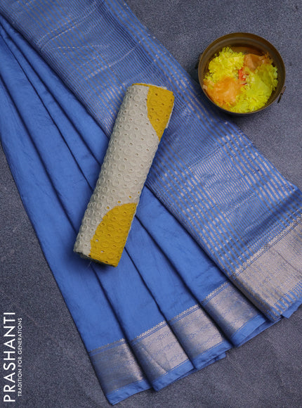 Semi chanderi saree pastel blue and beige with plain body and zari woven border