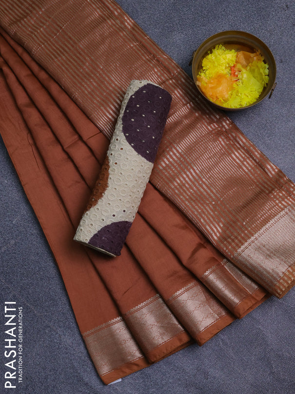 Semi chanderi saree rust shade and beige with plain body and zari woven border