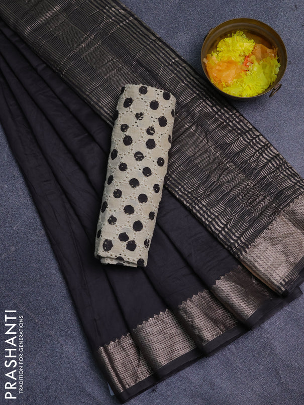 Semi chanderi saree elephant grey and beige with plain body and zari woven border