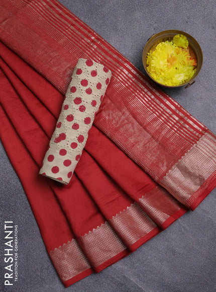 Semi chanderi saree maroon and beige with plain body and zari woven border