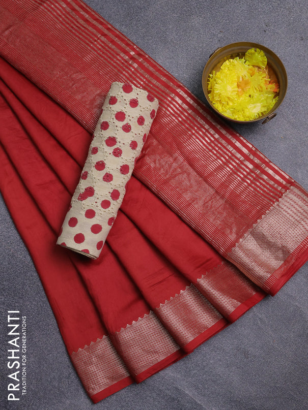 Semi chanderi saree maroon and beige with plain body and zari woven border