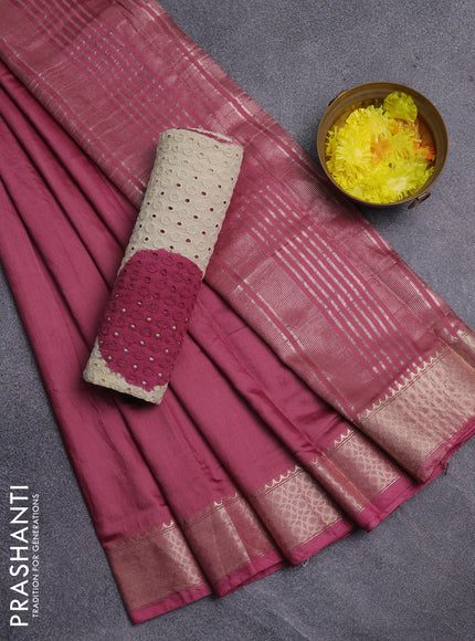 Semi chanderi saree mauve pink and beige blue with plain body and zari woven border