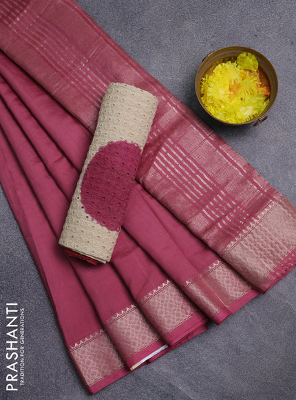 Semi chanderi saree mauve pink and beige red with plain body and zari woven border