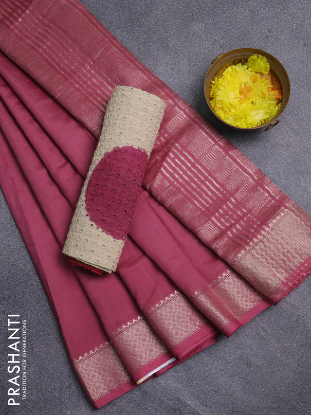 Semi chanderi saree mauve pink and beige red with plain body and zari woven border