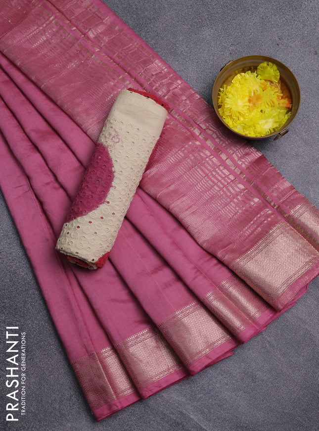 Semi chanderi saree mauve pink and beige with plain body and zari woven border