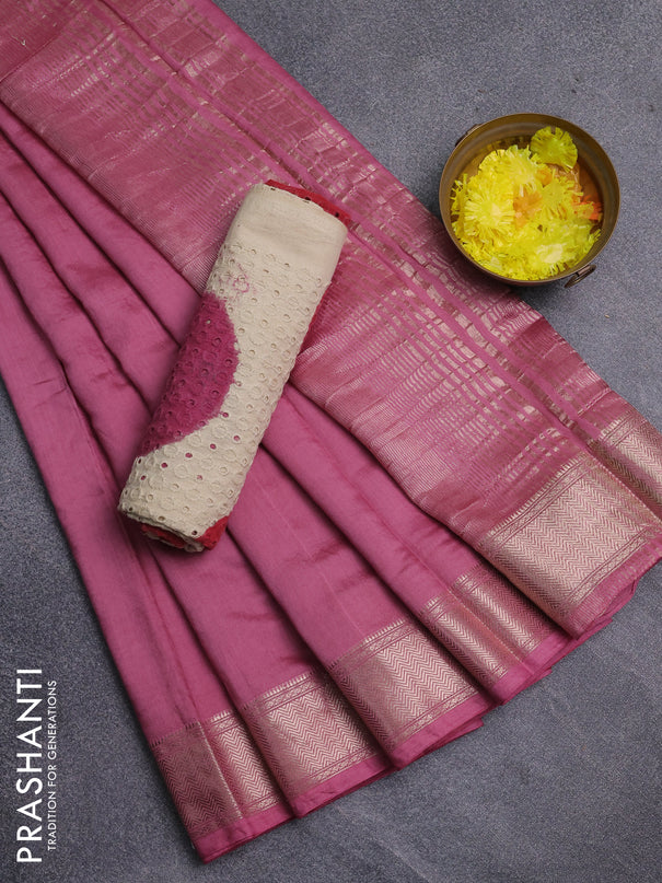 Semi chanderi saree mauve pink and beige with plain body and zari woven border