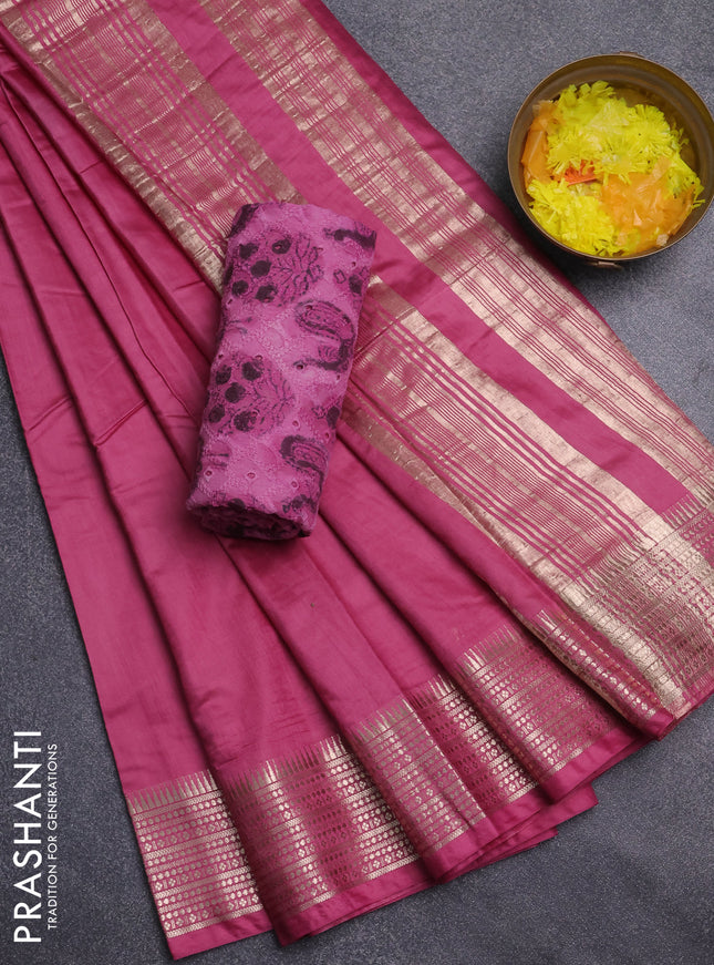 Semi chanderi saree mauve pink and pink with plain body and zari woven border