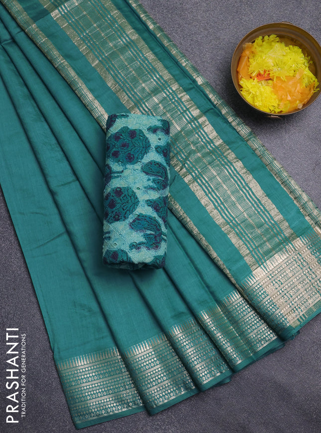 Semi chanderi saree teal green and light green with plain body and zari woven border