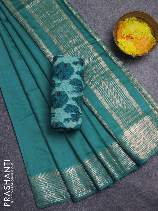Semi chanderi saree teal green and light green with plain body and zari woven border