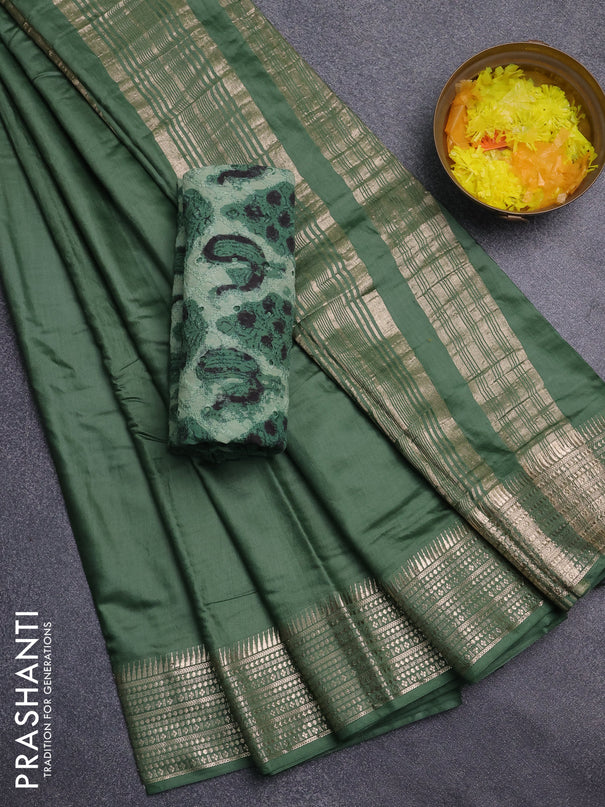 Semi chanderi saree green and light green with plain body and zari woven border