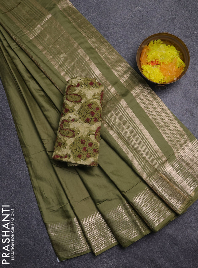 Semi chanderi saree mehendi green and light green with plain body and zari woven border