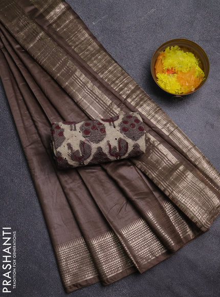 Semi chanderi saree brown and brown with plain body and zari woven border