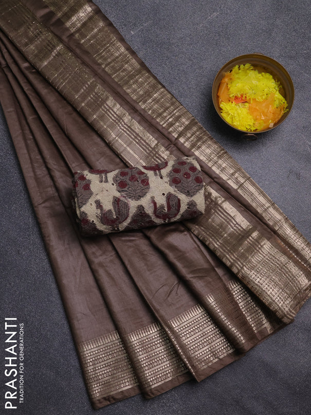 Semi chanderi saree brown and brown with plain body and zari woven border