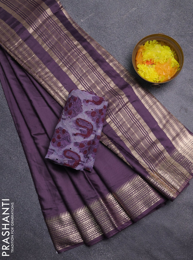 Semi chanderi saree deep purple and purple with plain body and zari woven border