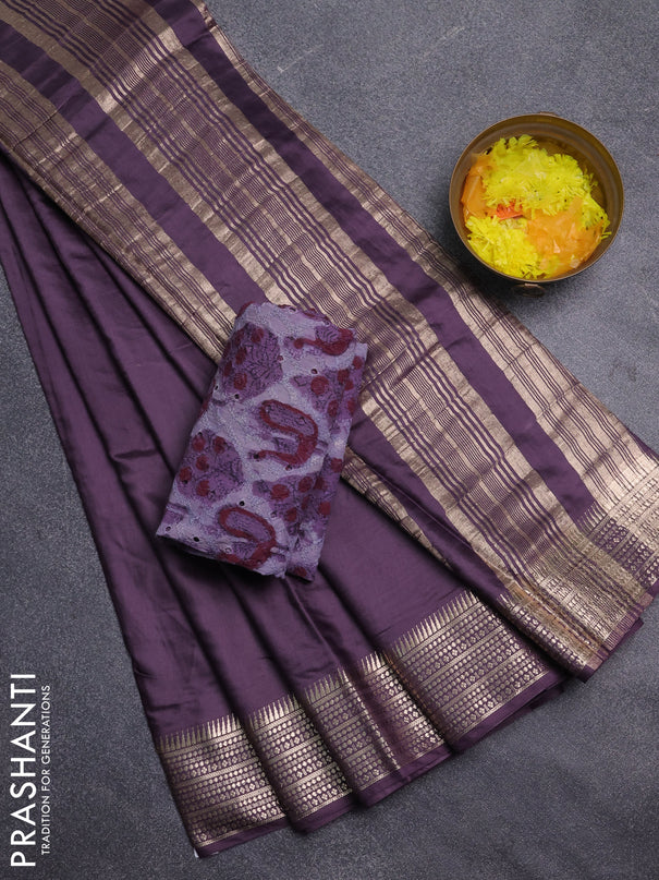 Semi chanderi saree deep purple and purple with plain body and zari woven border