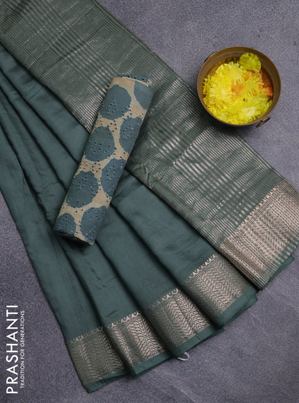 Semi chanderi saree green and beige with plain body and zari woven border