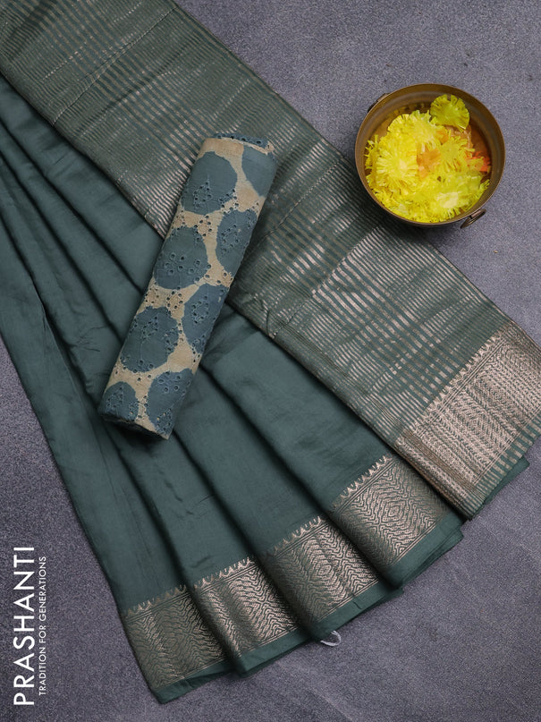 Semi chanderi saree green and beige with plain body and zari woven border