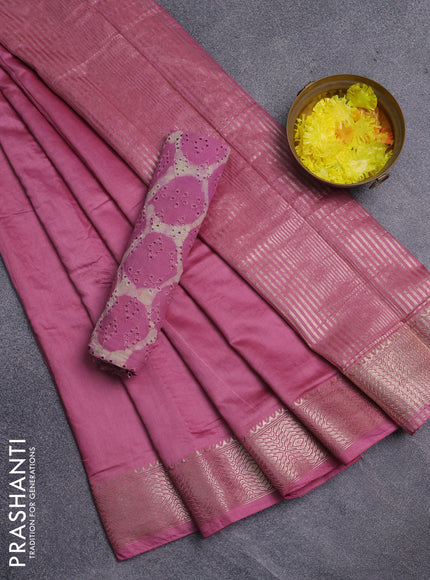 Semi chanderi saree mauve pink and beige with plain body and zari woven border