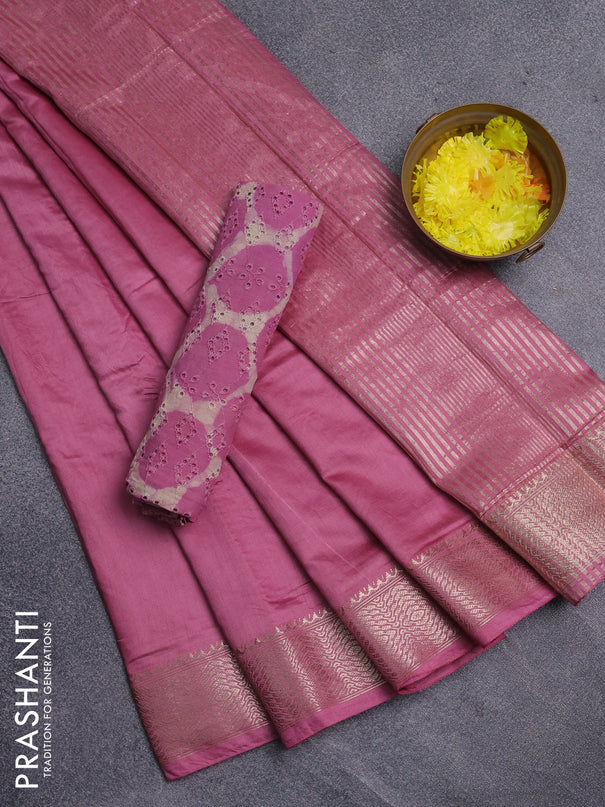 Semi chanderi saree mauve pink and beige with plain body and zari woven border