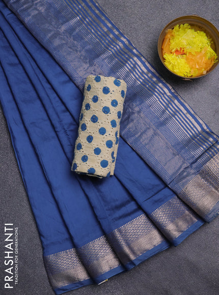 Semi chanderi saree blue and beige with plain body and zari woven border