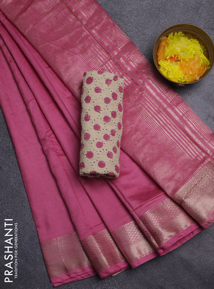 Semi chanderi saree mauve pink and beige with plain body and zari woven border