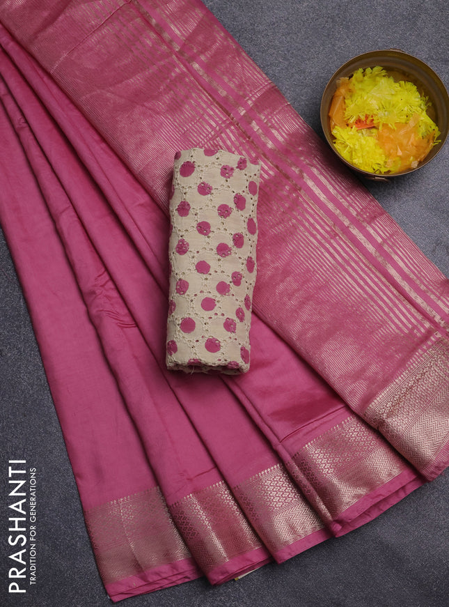 Semi chanderi saree mauve pink and beige with plain body and zari woven border