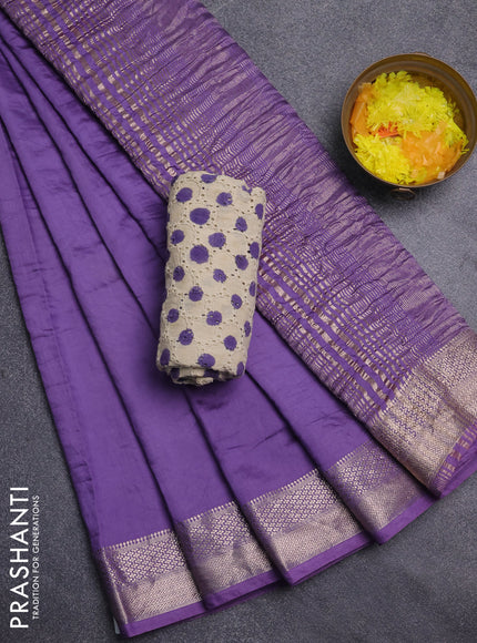 Semi chanderi saree lavender and beige with plain body and zari woven border
