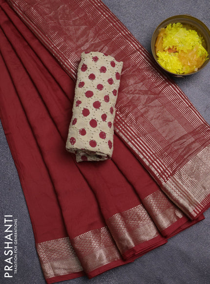 Semi chanderi saree maroon and beige with plain body and zari woven border