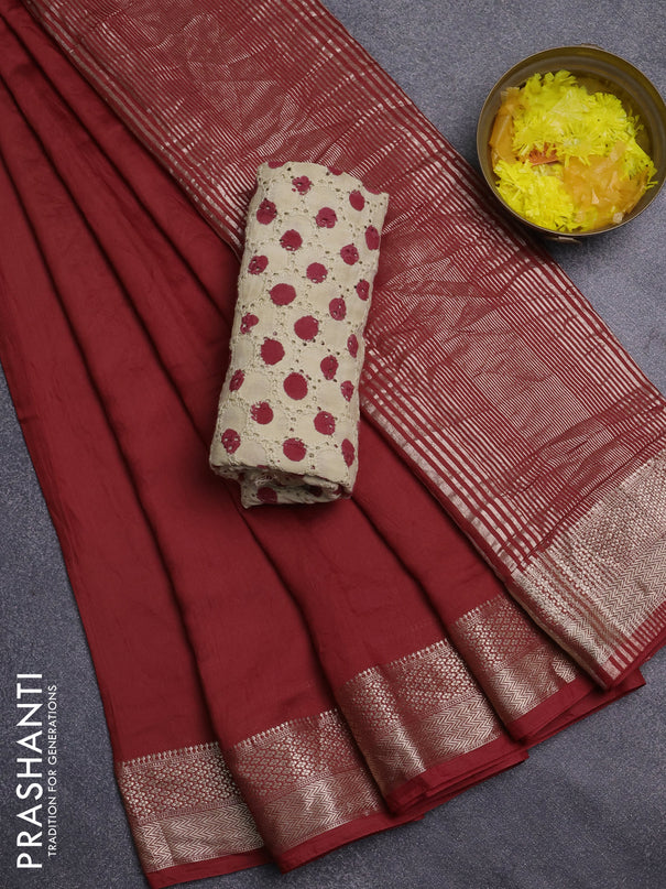 Semi chanderi saree maroon and beige with plain body and zari woven border