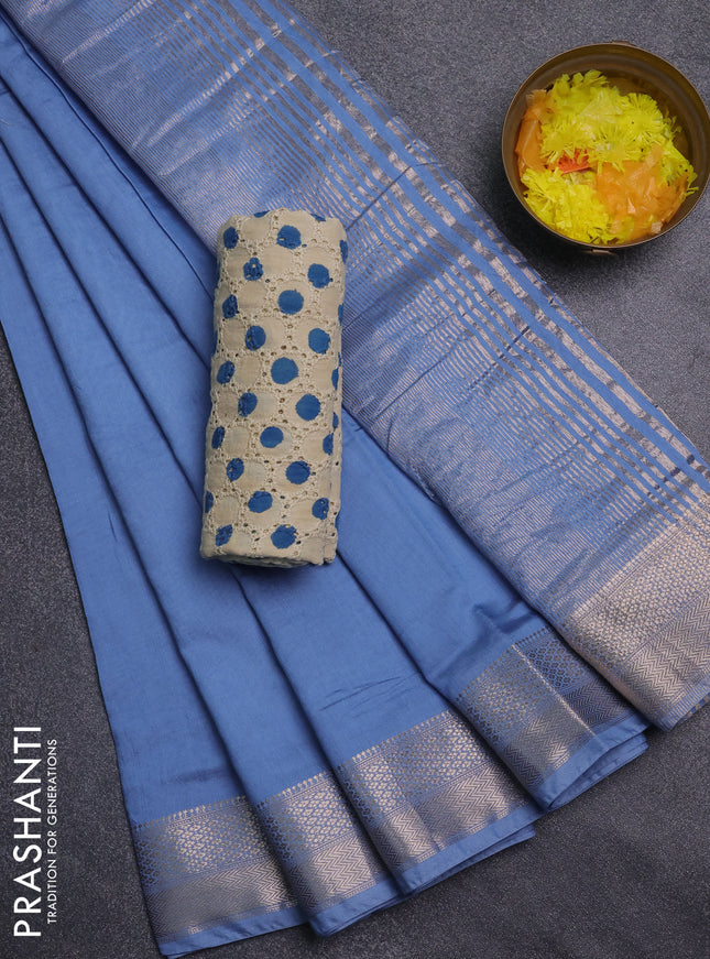 Semi chanderi saree pastel blue and beige with plain body and zari woven border