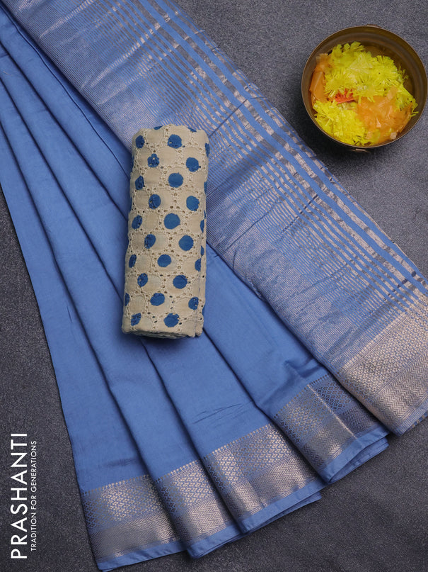 Semi chanderi saree pastel blue and beige with plain body and zari woven border