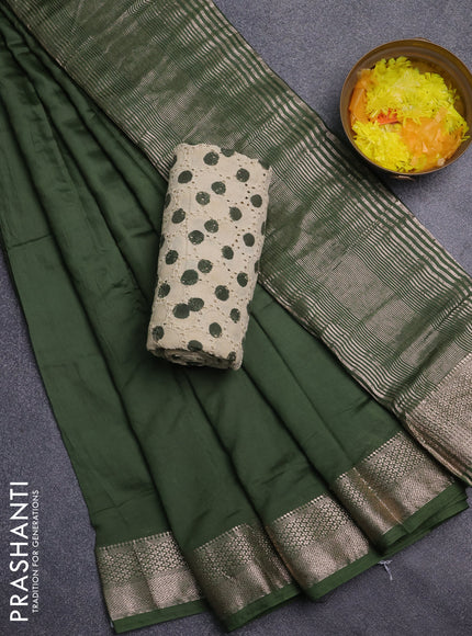 Semi chanderi saree green and beige with plain body and zari woven border