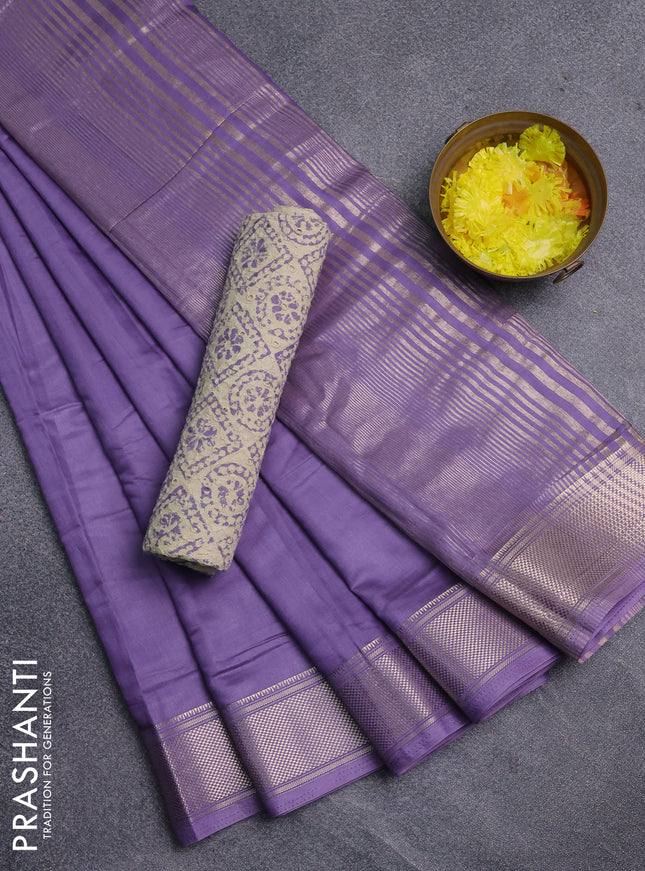 Semi chanderi saree lavender and beige with plain body and zari woven border