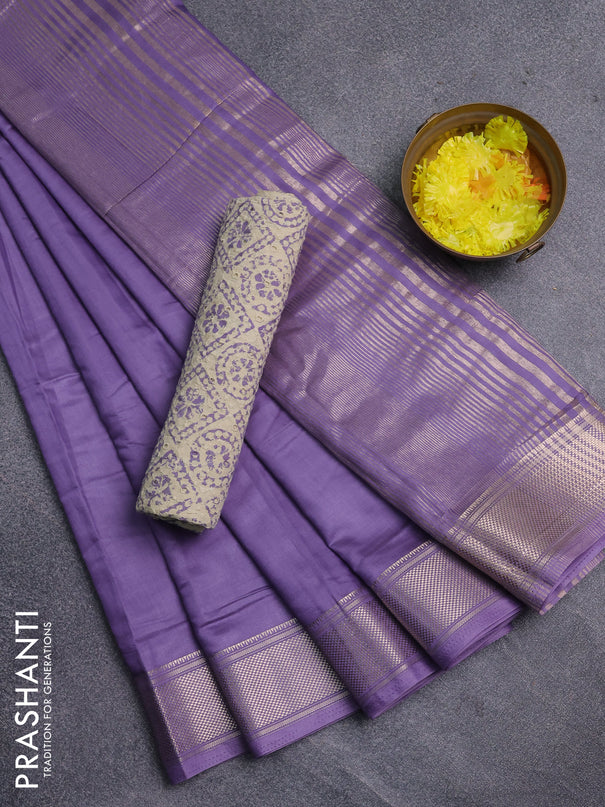Semi chanderi saree lavender and beige with plain body and zari woven border