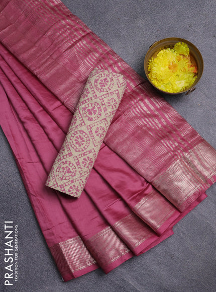Semi chanderi saree mauve pink and beige with plain body and zari woven border
