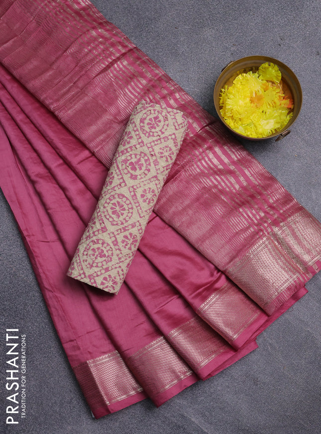 Semi chanderi saree mauve pink and beige with plain body and zari woven border