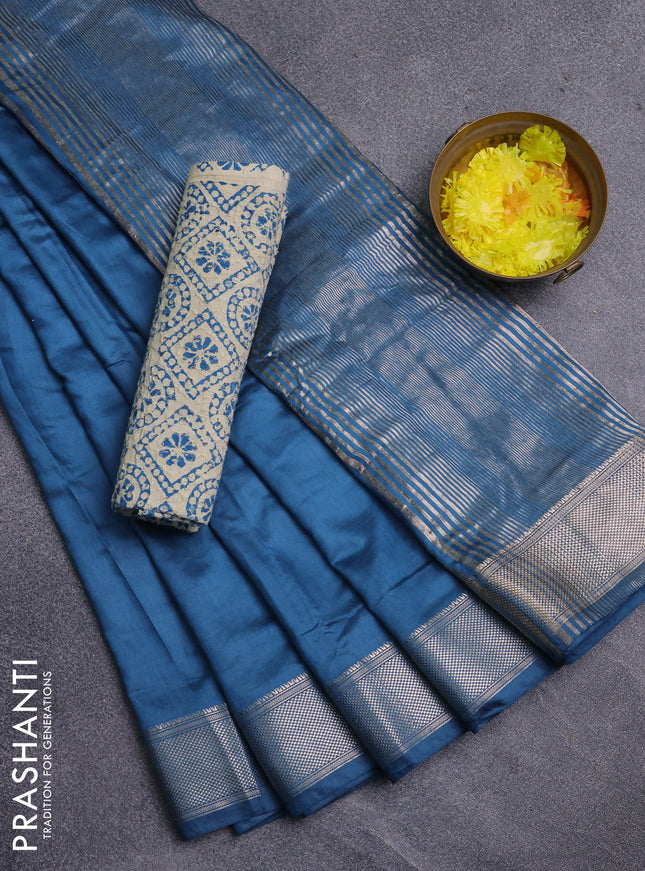 Semi chanderi saree blue and beige with plain body and zari woven border